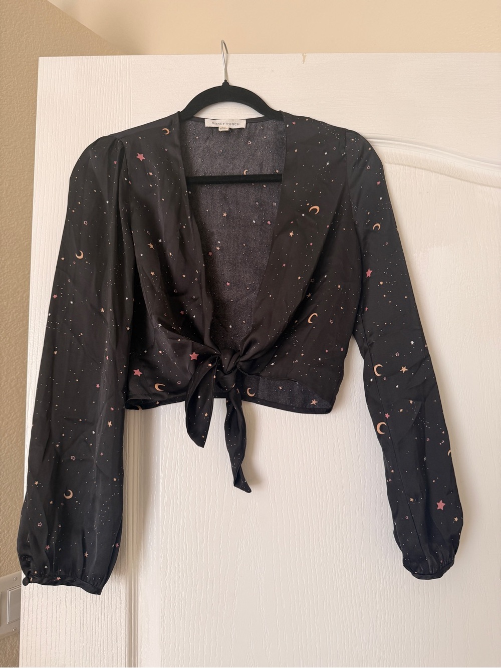 Black Tie-Front Celestial Print Blouse